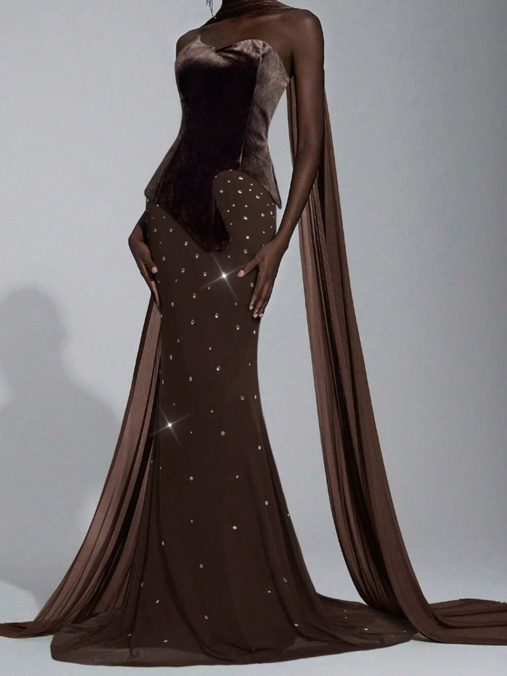 Brown Elegant Women's Embellished Fishtail Velvet Evening Gown